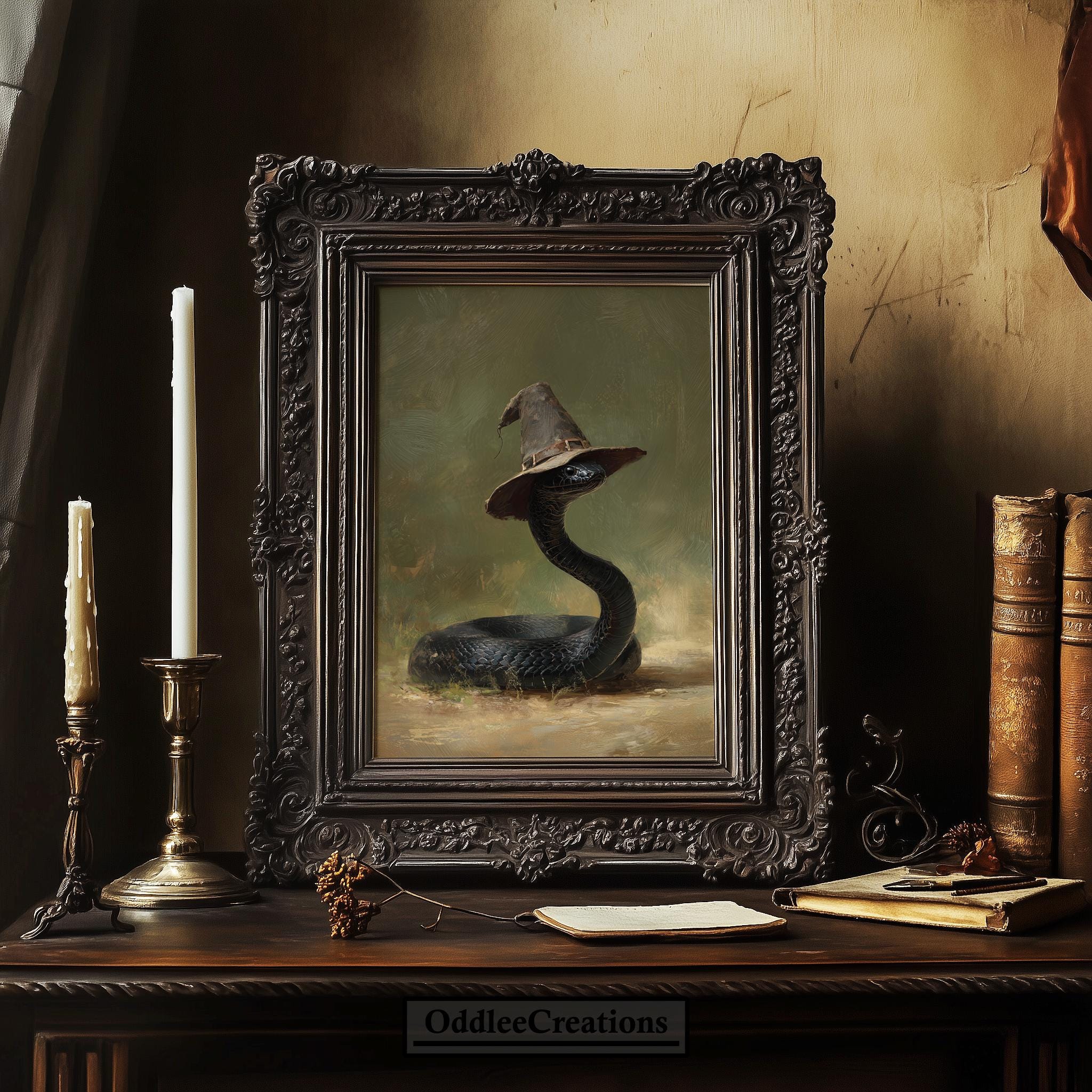 Snake Witch Digital Art Vintage Black Snake Wearing Hat Halloween