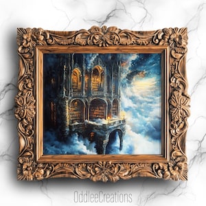May include: A painting of a large, stone building with many windows, floating in the clouds. The building is framed in a dark wood frame with ornate carvings.