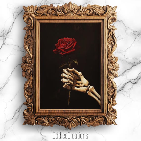 Macabre Skeleton Hand Holding Rose Wall Art Gothic Vintage Oil