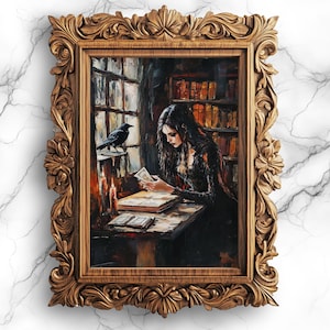 Gothik Hexe liest Tarot Karten digitale Kunst Tarot Hexe druckbare Wanddekor Hexerei und Wahrsagekunst für gruselige Räume - WIT-31