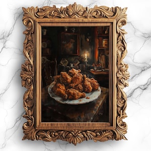 Peut inclure: Une peinture représentant une assiette de poulet frit dans une pièce faiblement éclairée. Le poulet est doré et croustillant, et il y a plusieurs morceaux sur l'assiette. La pièce est sombre et mystérieuse, avec une seule bougie qui fournit la seule source de lumière.