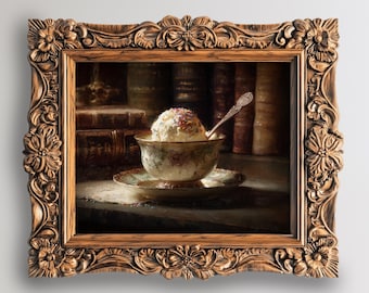 Vanilla Ice Cream Art Print Dark Academia Dining Room Wall Decor Printable Dessert Painting Moody Vintage Style Digital Artwork - FOD-86