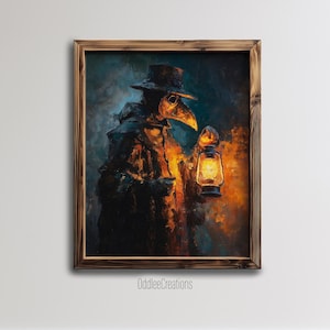 Plague doctor wall art digital download oil painting printable gothic decor moody lantern glow renaissance surreal dark portrait - PRT-156