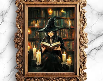 Witch in Library Reading a Spell Book | Digital Download Art | Witchcraft Themed Wall Art | Gothic Witch Aesthetic Print - WIT-21