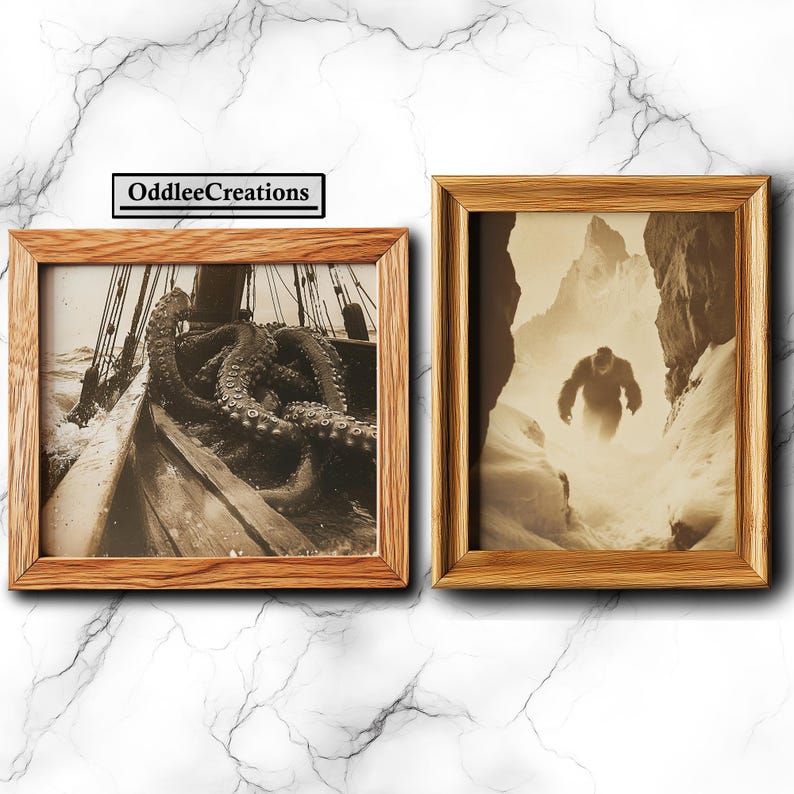 May include: Two framed vintage photographs. The first shows a large octopus wrapped around a ship's mast. The second shows a large ape-like creature walking through a snowy landscape.