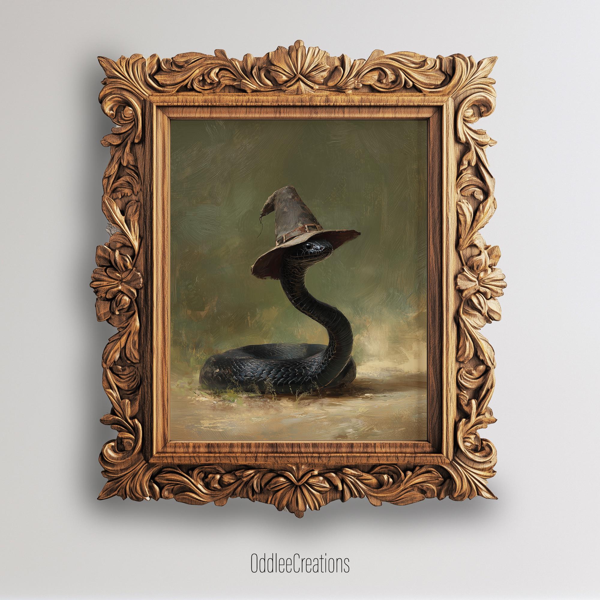 Snake Witch Digital Art Vintage Black Snake Wearing Hat Halloween