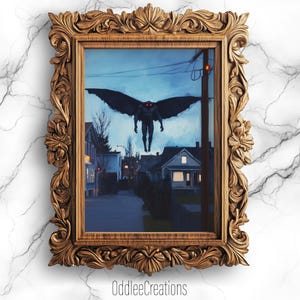 Mothman Cryptid Creepy Suburban Scene - Twilight Rooftop Monster Oil Painting, Haunted Neighborhood Digital Art - PRT-72