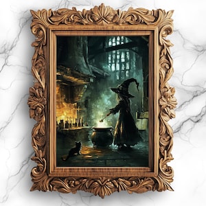 May include: A witch in a black pointed hat stirs a cauldron with a wooden spoon in a dimly lit room. A black cat sits on the floor nearby. The room has a fireplace and a window with stained glass.