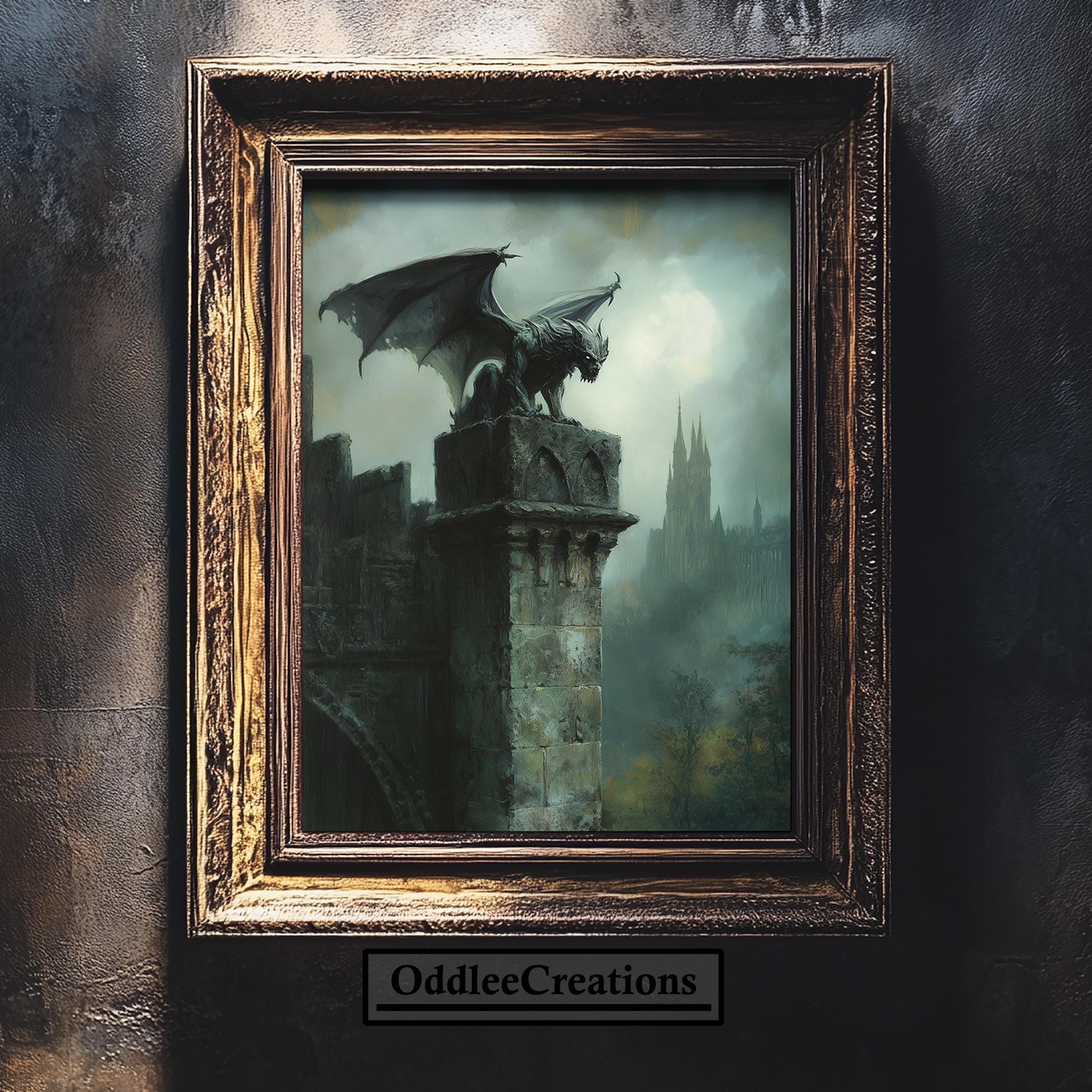 Gothic Gargoyle Wall Art Digital Download Dark Castle Oil Painting ...
