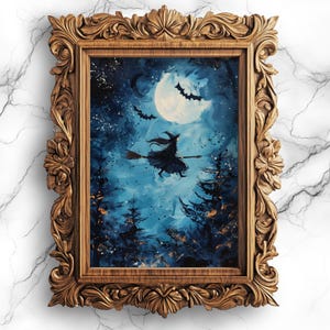 Magical Witch Flying Under Moon Enchanting Wall Art for Halloween Decor, Magical Forest Painting for Wall Art, Digital Printable Art - WIT-9