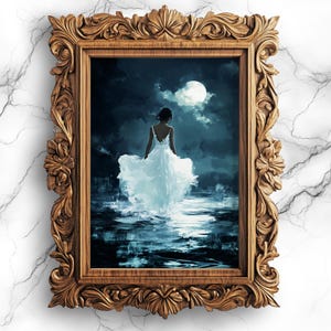 Serene Lady am See im Mondschein Digitales Ölgemälde Poster - Romantische Nachtszene Kunst - Frau im Mondlicht am Wasser - Printable - PRT-14