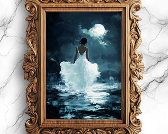 Serene Lady at Moonlit Lake Digital Oil Painting Poster - Romantic Night Scene Art - Woman Under Moonlight by Water - Printable - PRT-14