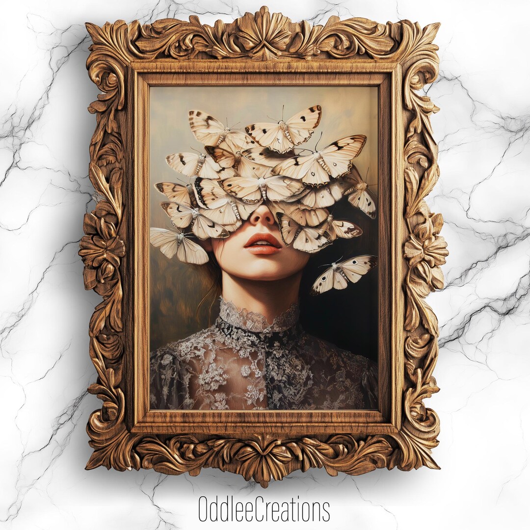Dark Academia Moth Woman Printable Art - Surreal Gothic Portrait, Moody ...