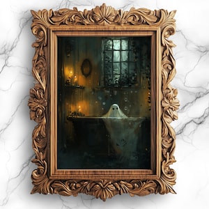 Haunted Serenity: Geisterbaden mit Kerzenlicht | Gruselige Wandkunst | Unheimlicher Geist Digital | Halloween-Dekor | Digitale Wandkunst - BBG-17