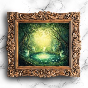 Stampa digitale Foresta incantata - Fate mistiche e stagno magico, stile pittura a olio Dark Academia, arte murale - SCE-110
