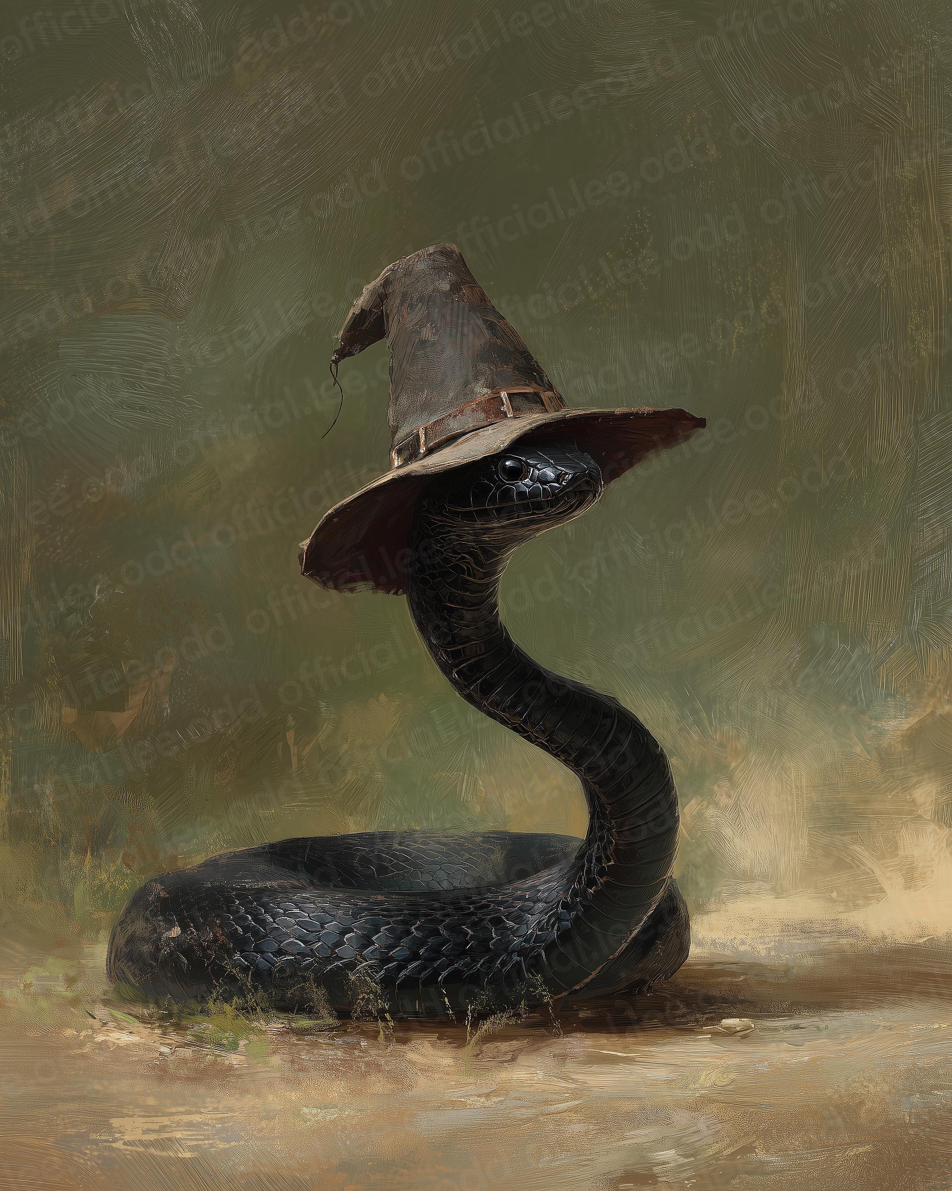 Snake Witch Digital Art Vintage Black Snake Wearing Hat 