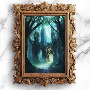 Arte murale stampabile digitale Enchanted Forest - Scena gotica fantasy oscura, estetica accademica oscura e malinconica, arredamento magico per la casa - SCE-86
