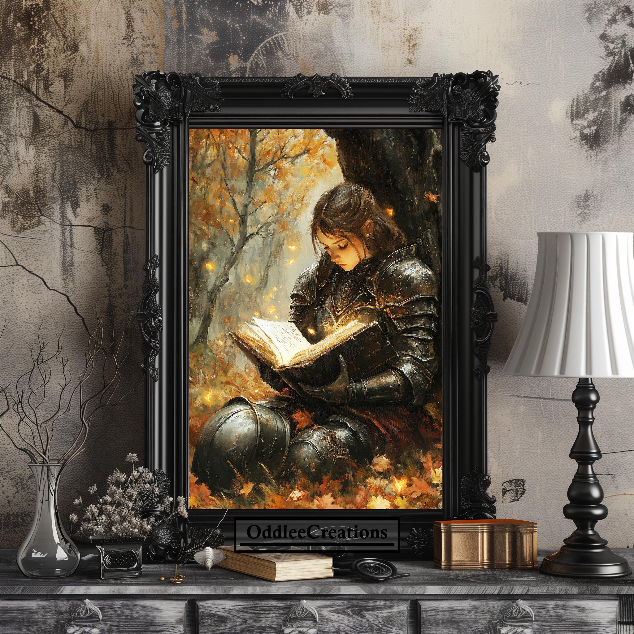 Gothic Female Knight Reading in Enchanted Autumn Forest Wall Art Dark ...