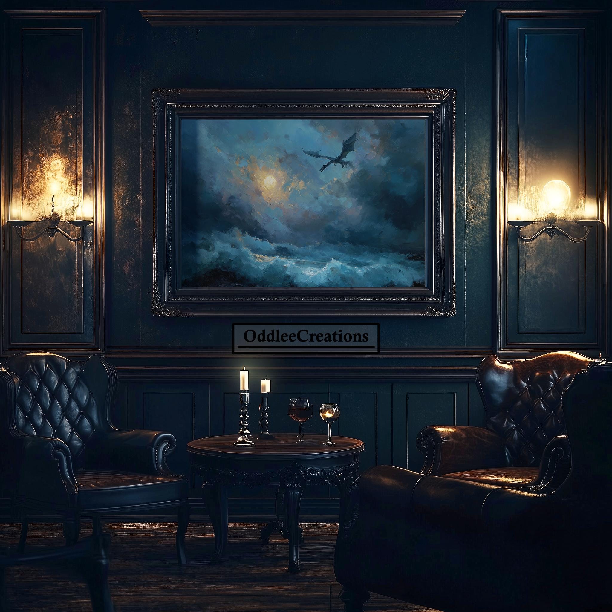 Dragon Moon Ocean Wall Art Digital Printable Fantasy Painting Stormy ...