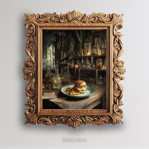Witch Burger Kitchen Wall Art Dark Academia Printable Cheeseburger Oil Painting Gothic Still Life Digital Witchy Food Decor - FOD-94