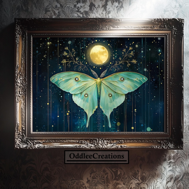 Mystical Luna Moth Art Celestial Moon Oil Painting Dark Academia ...