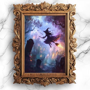 Mystical Witch Flying Over Graveyard Digital Poster - Spooky Halloween Art, Gothic Witchcraft Decor, Witchy Home Decor, Printable - WIT-19