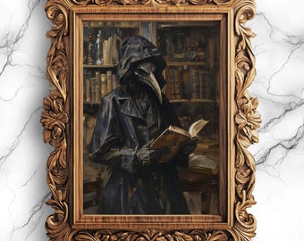 Historyczny plakat cyfrowy Plague Doctor Research - Vintage Medical Illustration, gotycka sztuka ścienna do druku, wystrój Dark Academia - PRT-10