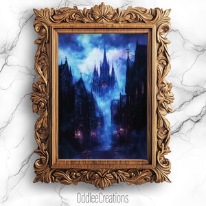 May include: A framed painting of a dark, gothic cityscape with a tall, pointed church in the center. The sky is a deep blue with wispy clouds, and the buildings are silhouetted against the sky. The painting has a dark and mysterious feel.