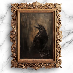 Gothic Raven Oil Painting, Dark Bird Art, Eerie Raven Décor, Mysterious Artwork, Spooky Gothic Art, Wall Decor Digital Printable - RAC-1