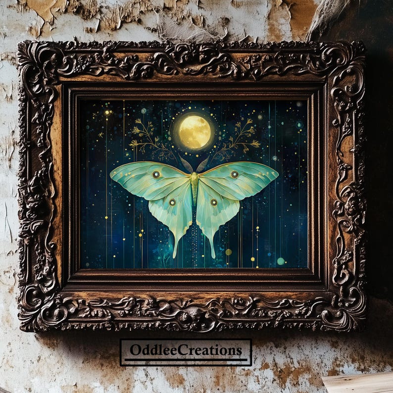 Mystical Luna Moth Art Celestial Moon Oil Painting Dark Academia ...