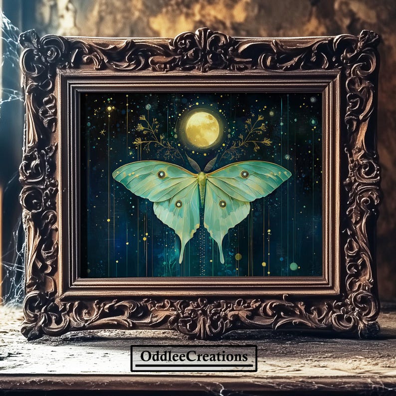 Mystical Luna Moth Art Celestial Moon Oil Painting Dark Academia ...