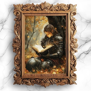 Gothic Ritterin Lesung in verzauberten Herbst Wald Wand Kunst Dark Academia Digital Printable Herbst Dekor mystischen Wald Druck - PRT-26