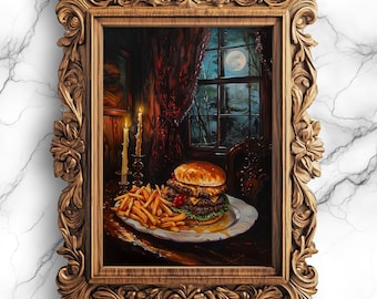 Póster de hamburguesa con queso imprimible digitalmente / Decoración de pared para amantes de las hamburguesas / Impresión artística de cocina / Pintura de comida deliciosa / Decoración de comida rápida - FOD-11