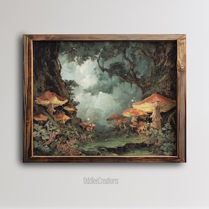 Fairy Mushroom Forest Printable Wall Art Oil Painting Dark Academia Enchanted Cottagecore Decor Mystical Woodland Digital Download - SCE-188