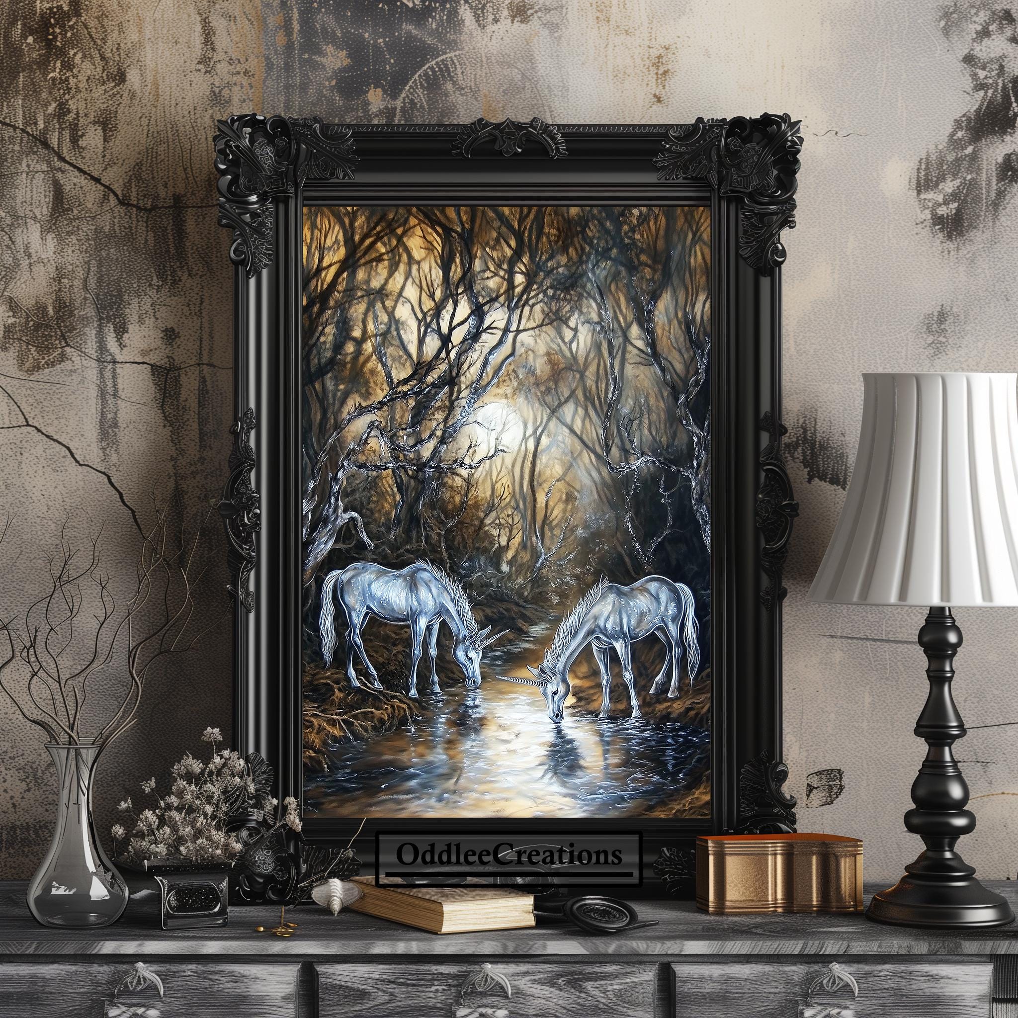 Unicorn Wall Art Gothic Dark Academia Forest Decor Mystical Moonlit ...