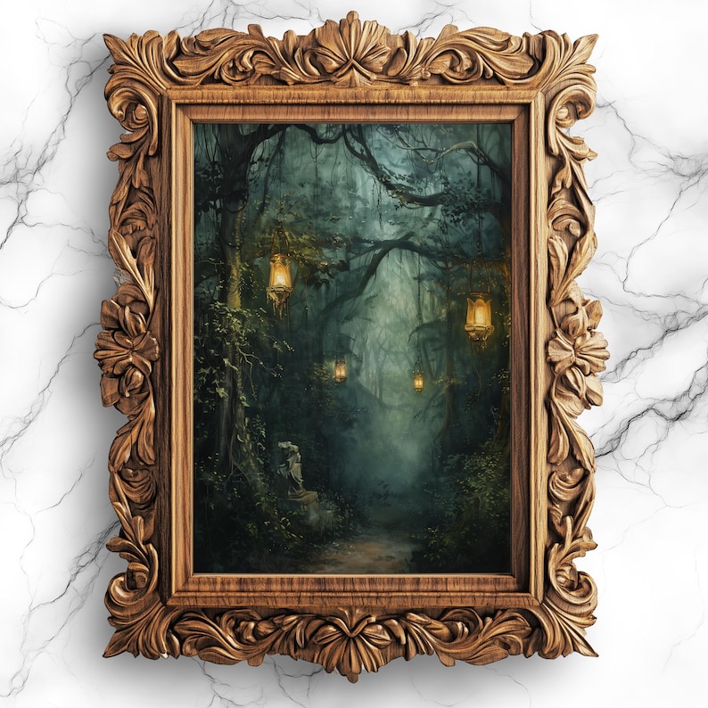 Mystical Dark Forest Wall Art Enchanted Woodland Decor Fantasy Moonlit ...