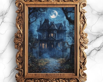 月明かりの下のお化け屋敷 デジタルポスター - 不気味な壁アート、ゴシックな装飾、ハロウィーンのお化け屋敷の絵画、印刷可能 - SCE-17