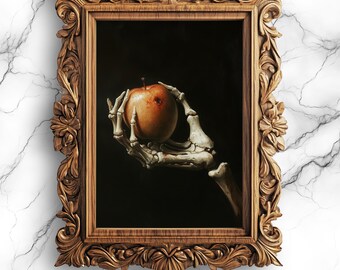 Gothic Ölgemälde zum Downloaden, Dark Academia Skelett Hand und Apfel Kunstwerk, Vintage Stil Digitale Wandkunst - PRT-89