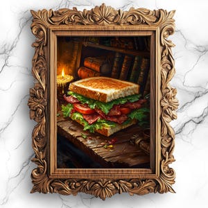 May include: A framed painting of a bacon, lettuce, and tomato sandwich on a wooden table with a candle and books in the background.