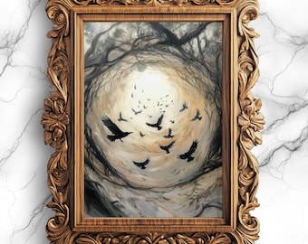 Gothic Crows Emerging from Portal Oil Painting Dark Academia Wall Art Mysterious Sky Decor Celestial Printable Digital Art - ANI-28