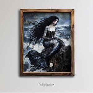 May include: A framed painting of a dark-haired mermaid with a black tail sitting on a rocky outcrop in a stormy sea. The mermaid is wearing a black corset and has a pearl necklace. The painting is in a dark blue and gray color scheme.