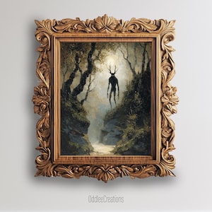 Wendigo Cryptid Forest Art Dark Academia oljemålning utskrivbar väggdekoration kuslig hornprydd varelse dimmig skogsmark månskensscen - PRT-132