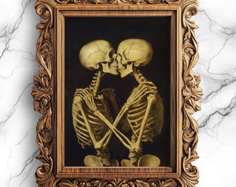 Skeleton Couple Kissing Vintage Painting Dark Academia Valentine Art Digital Print Creepy Bedroom Decor Printable Wall Art - PRT-43