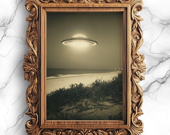 Escena retro de avistamiento de ovnis nocturno en la playa - Arte imprimible vintage sepia, nave extraterrestre sobre Nueva Jersey, decoración digital de pared de ciencia ficción - PRT-64