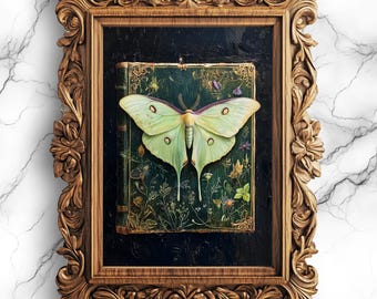Luna Moth Oil Painting Print Whimsigoth Dark Academia Wall Art Cottagecore Vintage Moth on Book Digital Download Enchanted Decor - PRT-38