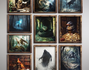 10 Magical Creatures Wall Art Set Version 2 - Dark Academic Gallery Prints, Wizarding School Artwork, Printable Gift Idea - BNL-12-V2