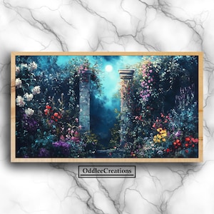 May include: A painting of a moonlit garden with two stone pillars and a path leading to a mysterious, fog-filled background. The garden is filled with lush greenery and colorful flowers, including roses, lavender, and lilies.