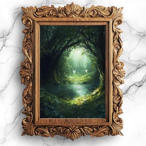 Étang mystique dans la forêt enchantée Art numérique - Peinture à l'huile de scènes de fées magiques, idéale pour une décoration de bibliothèque à domicile - SCE-108