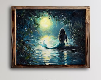 Zeemeermin maanverlichte baai afdrukbare kunst, digitaal zeemeermin olieverfschilderij, fantasie oceaan muur decor, digitale kunst voor Coastal Home - PRT-94