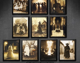May include: A set of 10 vintage-style Halloween-themed photographs in black and white frames. The photos depict various spooky scenes, including children dressed as ghosts and witches, a witch casting a spell, and a group of people in hooded robes performing a ritual.